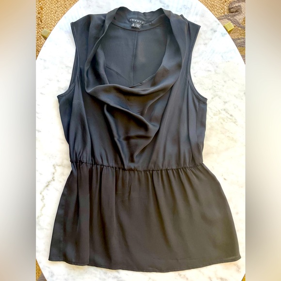 Theory 100%silk blouse w/draped cowl neckline, elastic gathered waist, Blk, P - Picture 1 of 7